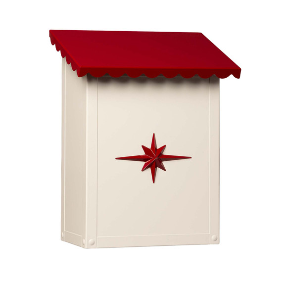  A glossy white and red vertical mailbox with a scalloped roof and machined starburst design on the front panel.