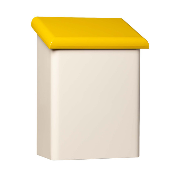  A vertical, bullnosed Mid-Century Modern style mailbox with a yellow lid.