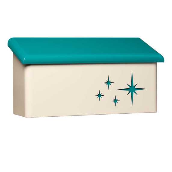  A horizontal, bullnosed Atomic Age or Googie style mailbox with a teal lid and a cutout pattern of four radiating stars.