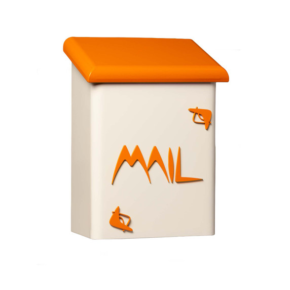  A rectangular, vertical wall-mounted mailbox with a cream-colored base and a bright orange roof. The word 