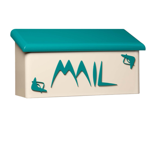  A rectangular, wall-mounted mailbox with a cream-colored base and a teal roof. The word 