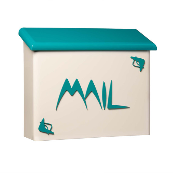  A large wall-mounted mailbox with a cream-colored base and a teal roof. The word 