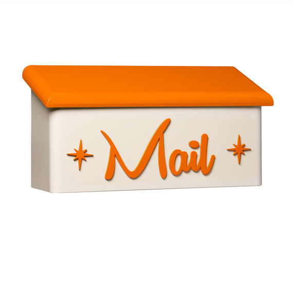  A stylized cream-colored mailbox with a bright orange lid, featuring the word “Mail” in a cursive and friendly mid-century orange script on the front, flanked by small starburst accents on both sides.