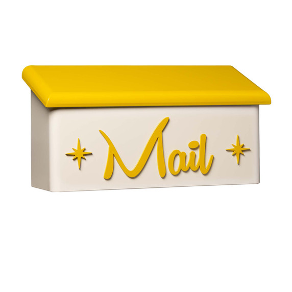  A stylized astro cream-colored mailbox with a bright yellow lid, featuring the word “Mail” in a cursive yellow script on the front, flanked by small starburst accents on both sides.