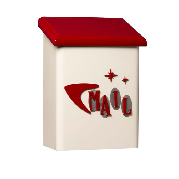  A stylized mid-century cream-colored vertical mailbox with a red lid, featuring the word “MAIL” in atomic or Googie style red letters mounted over oval-shaped metallic accents surrounded by a large boomerang and two starbursts in red on the front.
