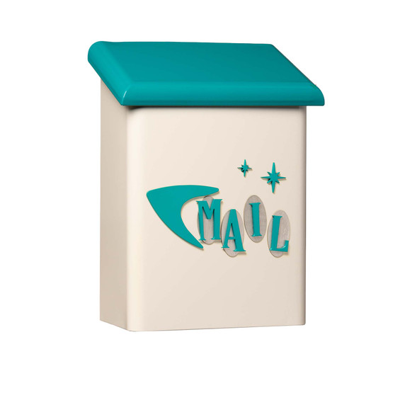  A stylized mid-century cream-colored vertical mailbox with a teal lid, featuring the word “MAIL” in teal letters mounted over oval-shaped metallic accents surrounded by a large boomerang and two starbursts in teal on the front.