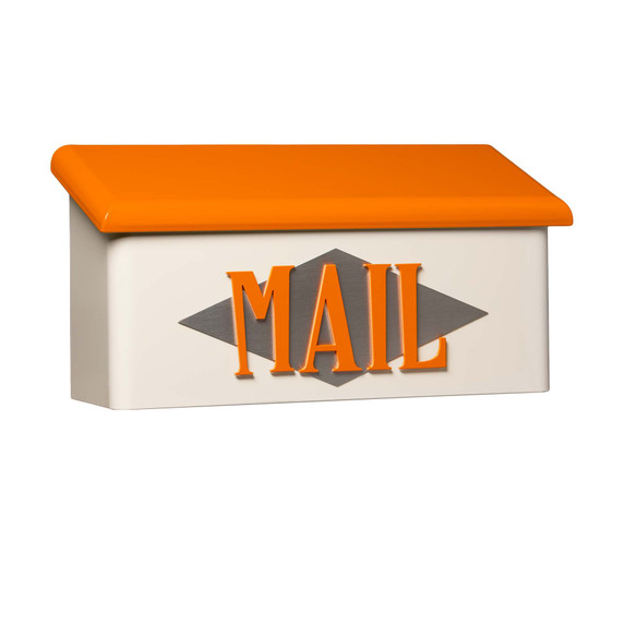  A rectangular, horizontal wall-mounted mailbox featuring a cream-colored base and a slanting, bright orange roof. Centered on the front, the word 