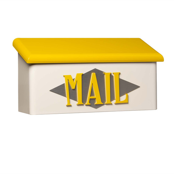  A rectangular, horizontal wall-mounted mailbox featuring a cream-colored base and a slanting, bright yellow roof. Centered on the front, the word 