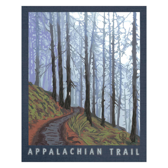  A stylized canvas by Julie Leidel of a misty forest scene with tall trees lining a winding dirt path on a hillside. Soft blue and green tones create a calm, atmospheric view labeled “Appalachian Trail” on a canvas.
