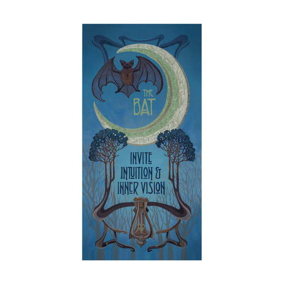 A stylized painting by Julie Leidel of a bat flying beneath a crescent moon against a deep blue night sky. Decorative trees and organic shapes frame the text “The Bat – Invite Intuition & Inner Vision.”