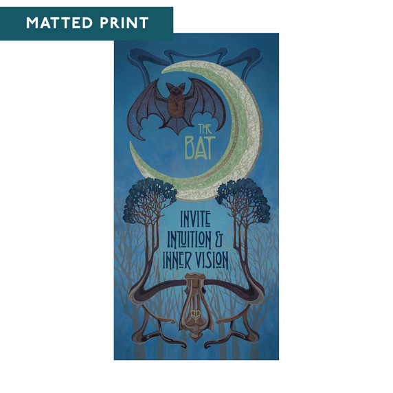 A stylized painting by Julie Leidel of a bat flying beneath a crescent moon against a deep blue night sky. Decorative trees and organic shapes frame the text “The Bat – Invite Intuition & Inner Vision.” It is labeled 