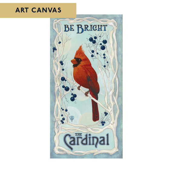  Vertical painting of a vibrant red cardinal perched on a branch surrounded by delicate vines and blue berries. Soft pastel tones frame the text “Be Bright – The Cardinal”. It is labeled 