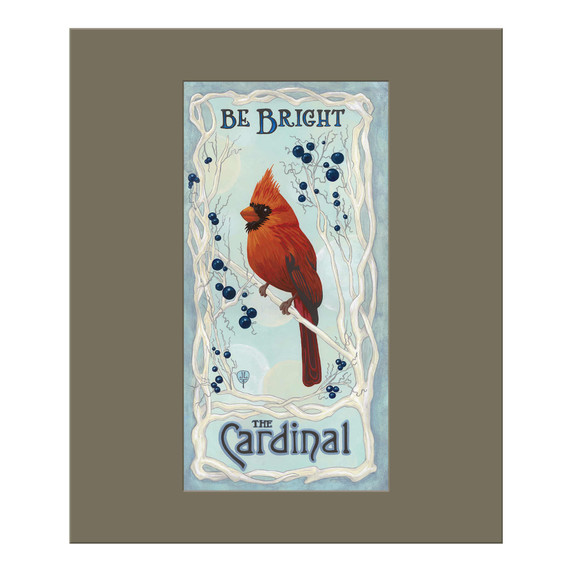  Vertical painting of a vibrant red cardinal perched on a branch surrounded by delicate vines and blue berries. Soft pastel tones frame the text “Be Bright – The Cardinal”. It is surrounded by a sage green mat.