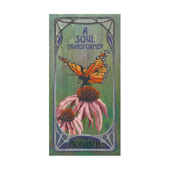  An vibrant Art Nouveau style painting featuring a monarch butterfly perched delicately on two pink flowers. The background is a soft, gradient green, flowing text reads 