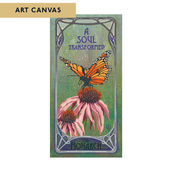  An vibrant Art Nouveau style painting featuring a monarch butterfly perched delicately on two pink flowers. The background is a soft, gradient green, flowing text reads 