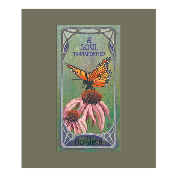  An vibrant Art Nouveau style painting featuring a monarch butterfly perched delicately on two pink flowers. The background is a soft, gradient green, flowing text reads 