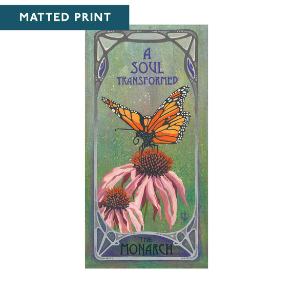  An vibrant Art Nouveau style painting featuring a monarch butterfly perched delicately on two pink flowers. The background is a soft, gradient green, flowing text reads 