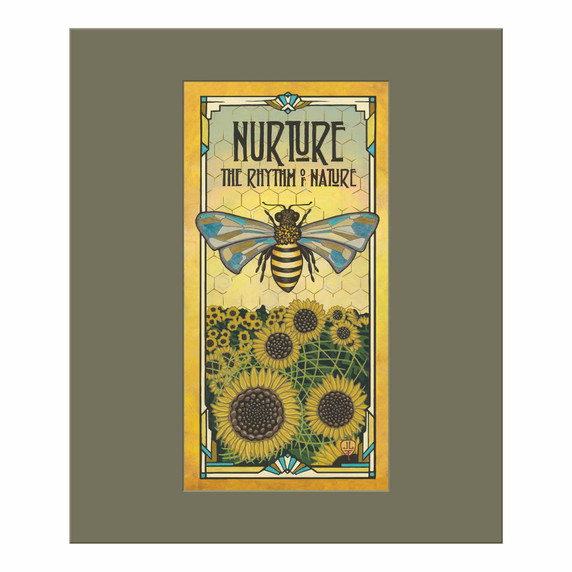  A stylized painting of a bee with blue-tinted wings hovering above a field of sunflowers. Decorative art nouveau details frame the text “Nurture the Rhythm of Nature” in warm golden tones. It is surrounded by a sage green mat board.