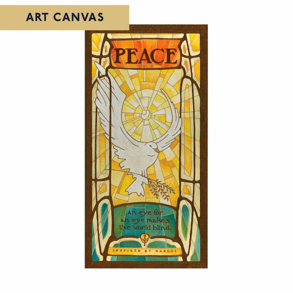  A painting resembling a stained glass window of a white dove carrying an olive branch against a radiating golden background. The design features the word “Peace” and a quote about nonviolence. It is labeled 