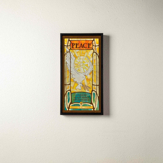  A canvas print of a dove on a stained glass sky with the word 