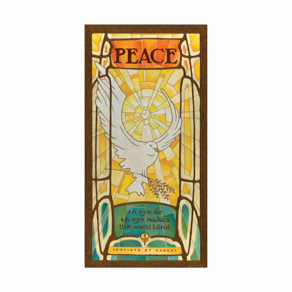  A painting resembling a stained glass window of a white dove carrying an olive branch against a radiating golden background. The design features the word “Peace” and a quote about nonviolence. 