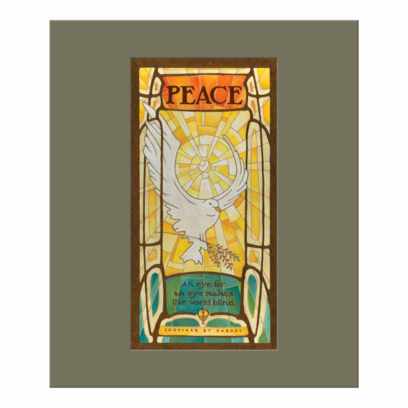  A painting resembling a stained glass window of a white dove carrying an olive branch against a radiating golden background. The design features the word “Peace” and a quote about nonviolence. It is surrounded by a sage green mat board.