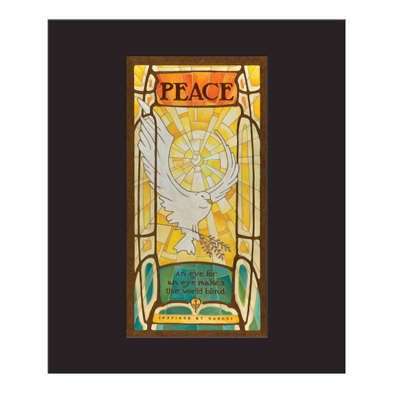  A painting resembling a stained glass window of a white dove carrying an olive branch against a radiating golden background. The design features the word “Peace” and a quote about nonviolence. It is surrounded by a black mat board.