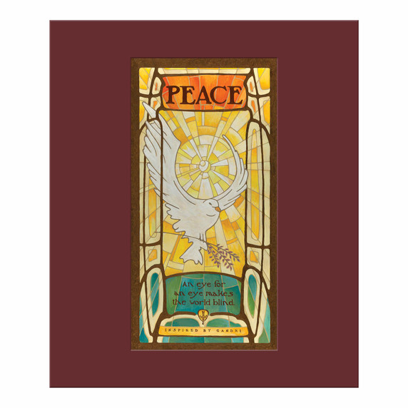  A painting resembling a stained glass window of a white dove carrying an olive branch against a radiating golden background. The design features the word “Peace” and a quote about nonviolence. It is surrounded by a maroon mat board.