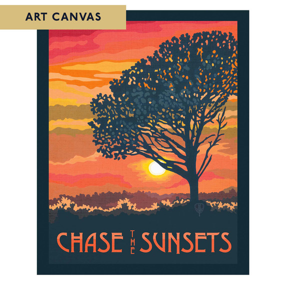  A bold silhouette of a tree stands against a vibrant orange and pink sunset over rolling hills. The design features the phrase “Chase the Sunsets” in warm, glowing tones. It is labeled 