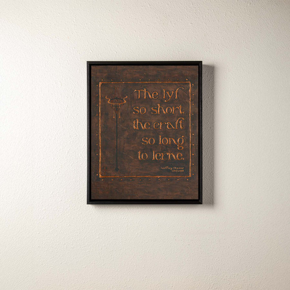  A canvas print of a quote from Geoffrey Chaucer. It's in a black float frame.