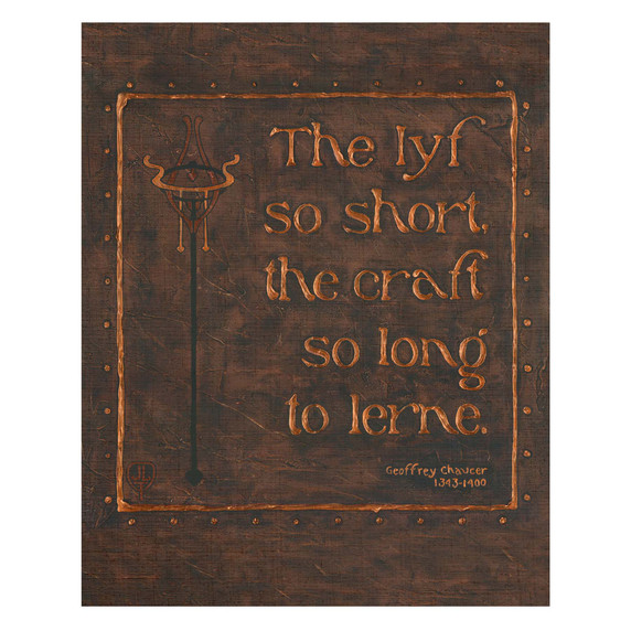  An Arts & Crafts style art print featuring a famous quote by Geoffrey Chaucer, designed to look like a hand-hammered copper plaque. The typography reads 