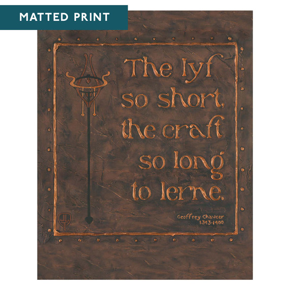  An Arts & Crafts style art print featuring a famous quote by Geoffrey Chaucer, designed to look like a hand-hammered copper plaque. The typography reads 