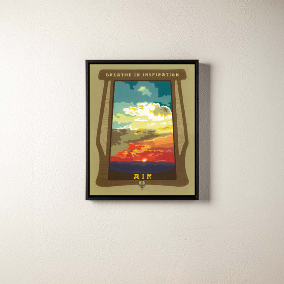  A canvas print of a landscape with fiery clouds. It's in a black float frame.