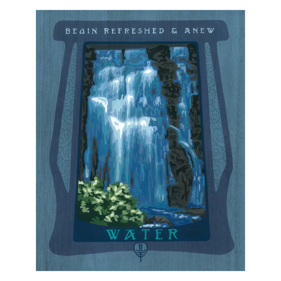  An art print with a thick medium-blue border. A dark navy, wood-grained frame surrounds a bright blue and white waterfall over dark grey rocks. Small green bushes grow at the bottom left. The words 'BEGIN REFRESHED & ANEW' are written in white at the top of the frame, and the word 'WATER' is at the bottom. It has a wood grain texture.