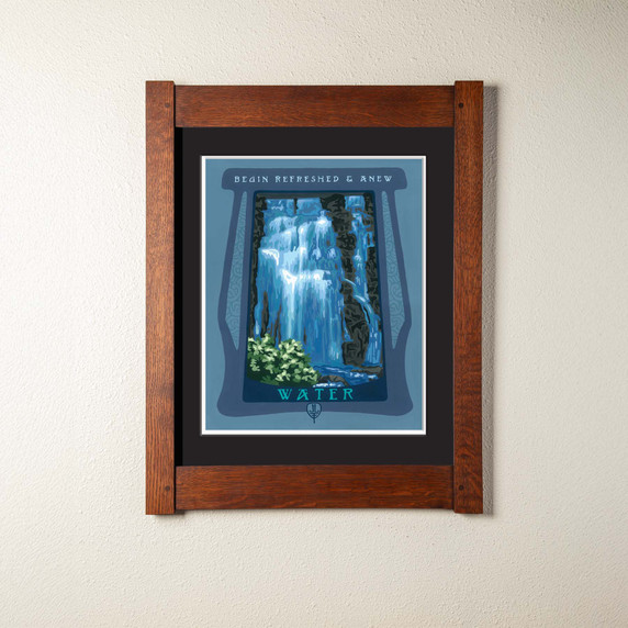  An archival print of a cascading waterfall. It has a double mat in a mortise and tenon oak frame.