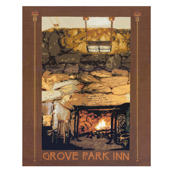  An Arts & Crafts style art print depicting the iconic Great Hall fireplace at the Grove Park Inn in Asheville, North Carolina. The illustration features a massive stone hearth with a warm fire glowing inside, a Mission-style chair to the left, and a large, hanging copper chandelier above. It has a canvas texture.