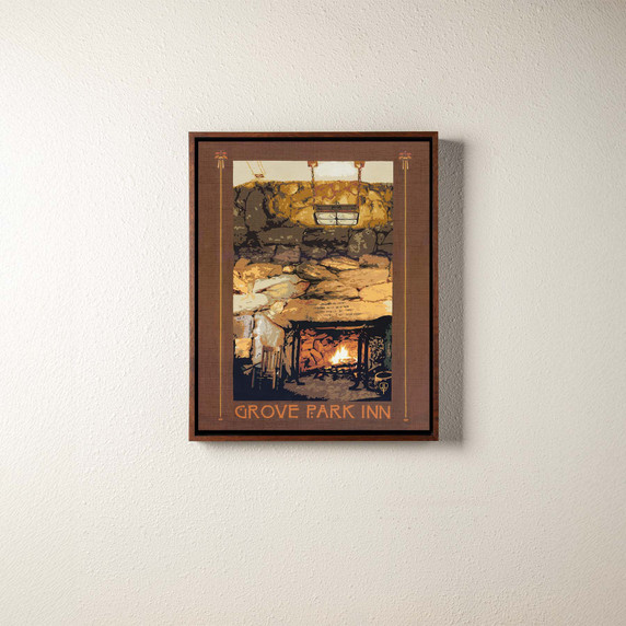  A canvas print of the fireplace at the Grove Park Inn in Asheville, North Carolina. It's in a brown float frame.
