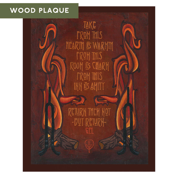  A stylized art print featuring a famous quote from the Grove Park Inn, decorated with two stylized tongues of flame on either side. The text is set against a textured, dark copper-red background and is framed by a thick, dark-brown border. It reads 