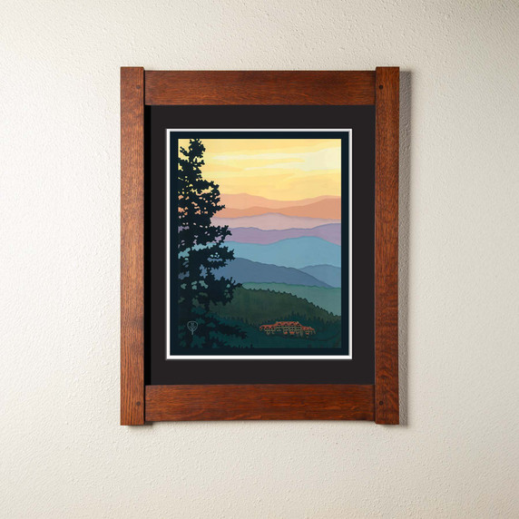An archival print of a North Carolina landscape scene in a mortise and tenon oak frame.