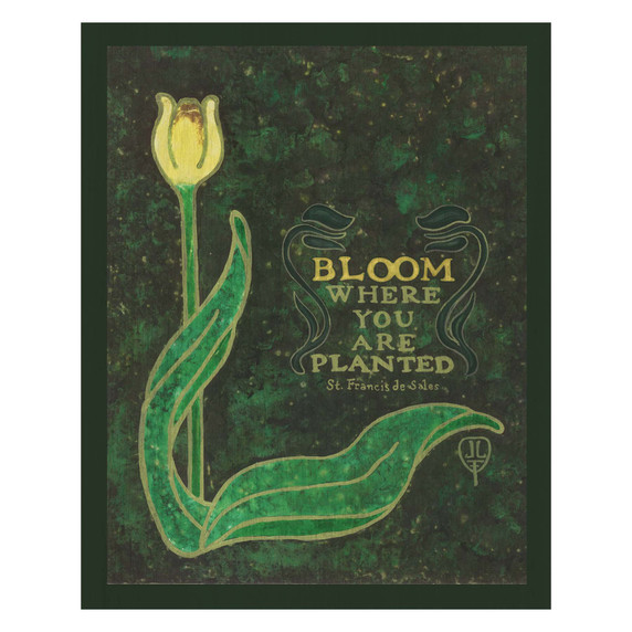  A stylized green plant with a glowing flower rises against a textured dark background. Elegant lettering displays the quote “Bloom Where You Are Planted” by St. Francis de Sales in a decorative design. It has a wood grain texture.