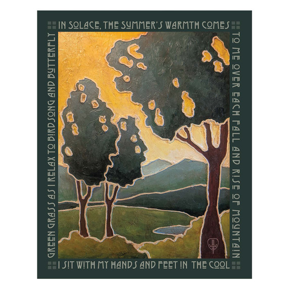  A heavily textured Arts & Crafts style art print featuring a tranquil summer landscape framed by a poetic border. The serene scene depicts three tall trees with golden-yellow highlights standing in a lush green meadow, set against a backdrop of rolling blue mountains and a golden sky.