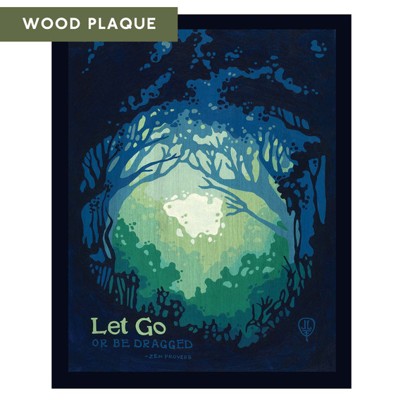An art print featuring a luminous forest scene with an inspirational Zen proverb that reads 