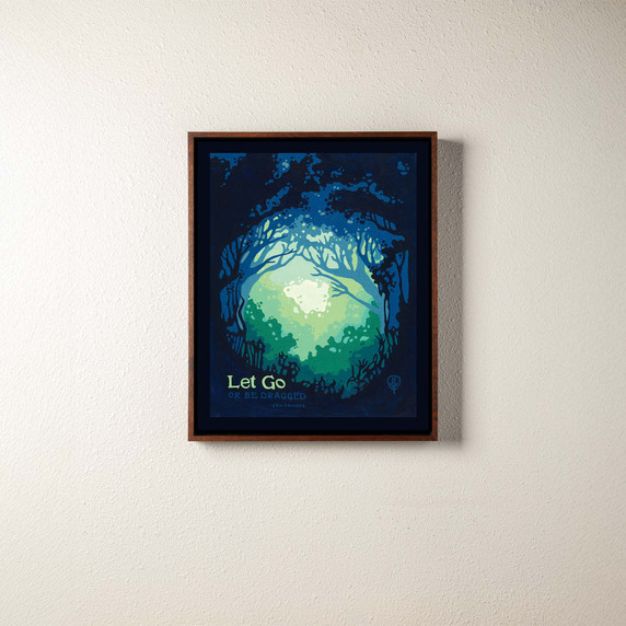  A canvas print of a glowing, ethereal forest scene. It's in a brown float frame.