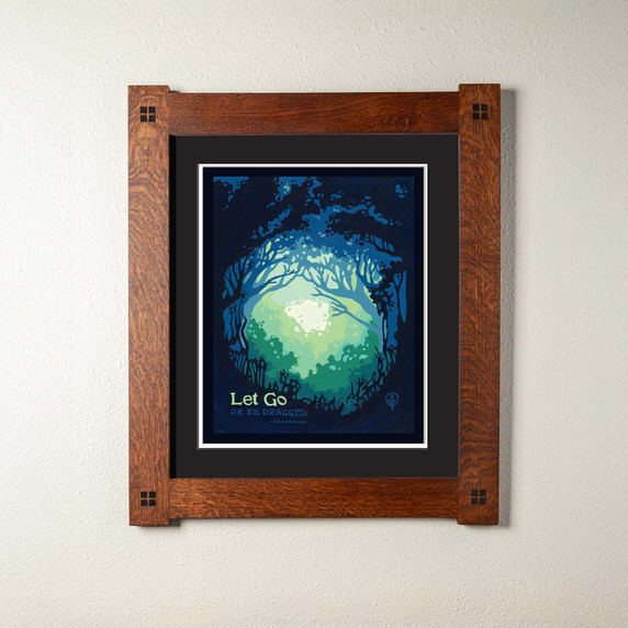  An archival print of a glowing, ethereal forest scene. It has s double mat in a foursquare oak frame.
