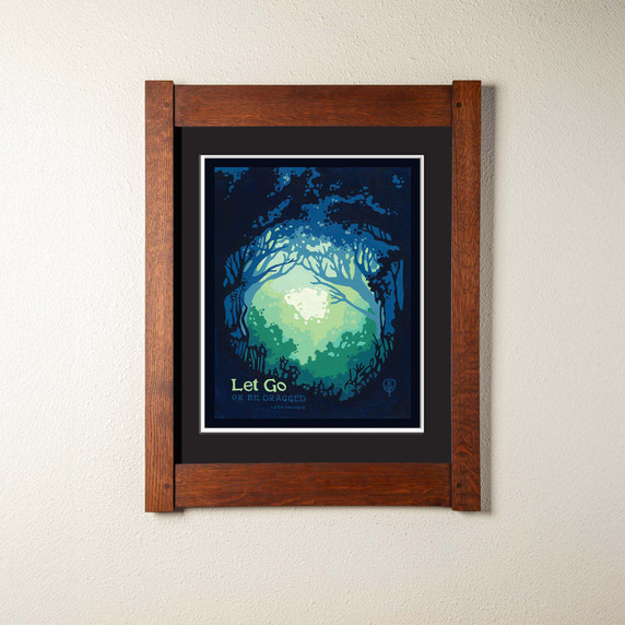  An archival print of a glowing, ethereal forest scene. It has s double mat in a mortise and tenon oak frame.