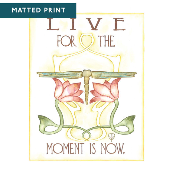  A garden-themed art print featuring a symmetrical botanical illustration with a central dragonfly and pink lotus flowers. The design is set against a soft, buttery-yellow background and is framed by an inspirational quote in a tall, stylized font. It reads 