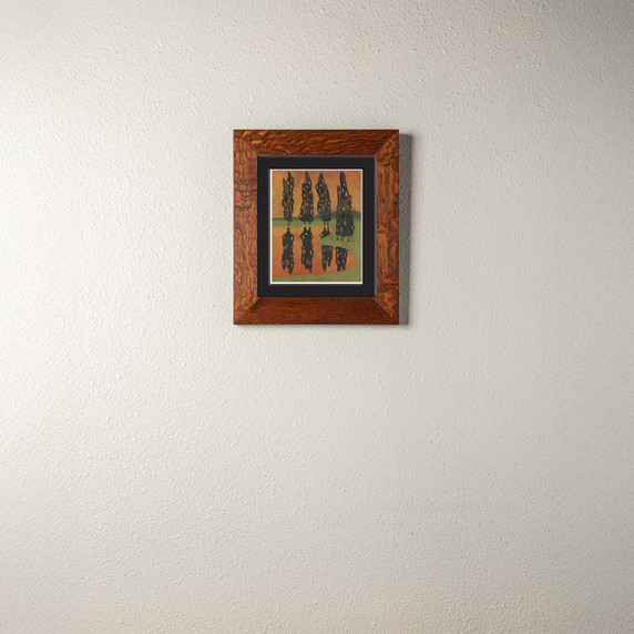  An earth toned landscape painting showing reflecting trees. It has a double mat and a 2