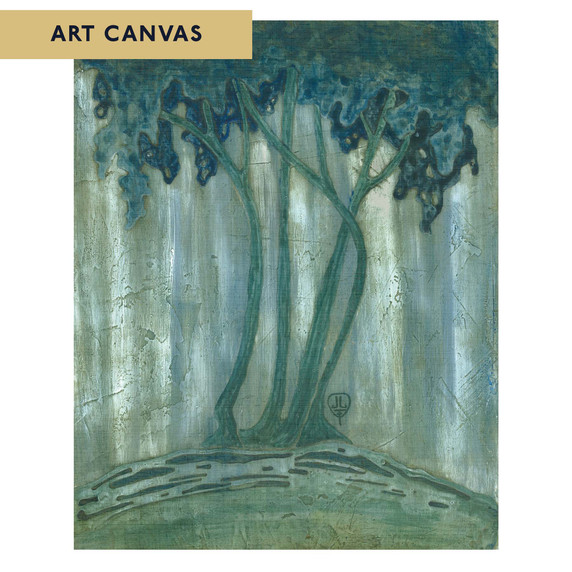  An art print inspired by Arts & Crafts pottery featuring a stylized, ethereal forest scene in cool tones of teal, sage green, and silvery grey. The illustration depicts four slender, curving tree trunks with dense, cloud-like canopies that bleed into a misty, vertical-striped background. It is labeled 