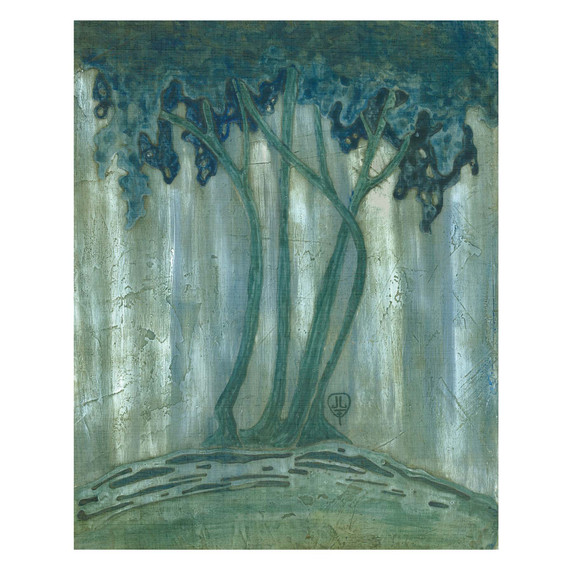  An art print inspired by Arts & Crafts pottery featuring a stylized, ethereal forest scene in cool tones of teal, sage green, and silvery grey. The illustration depicts four slender, curving tree trunks with dense, cloud-like canopies that bleed into a misty, vertical-striped background. It's on a canvas texture.