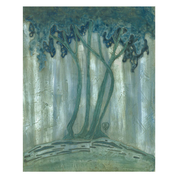   An art print inspired by Arts & Crafts pottery featuring a stylized, ethereal forest scene in cool tones of teal, sage green, and silvery grey. The illustration depicts four slender, curving tree trunks with dense, cloud-like canopies that bleed into a misty, vertical-striped background. 